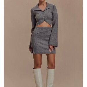 MESHKI Amabelle Knit Curved Hem Cardigan Charcoal Grey Cropped Bell Sleeve XS